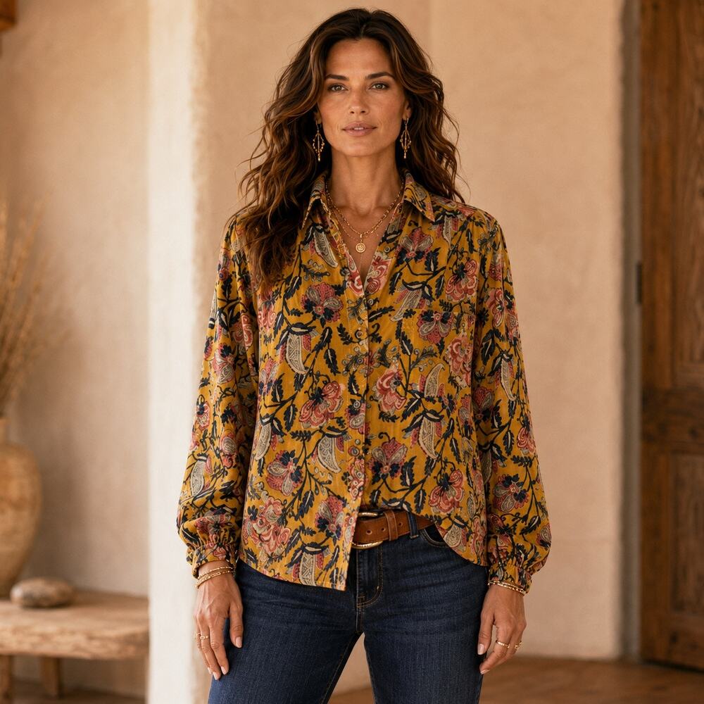 Boho Luxe Western Cottagecore Pilcro Paisley Corduroy Button-Up Shirt Golden S